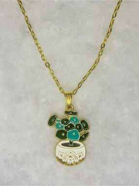 Gold-Tone Green Potted Plant Pendant Necklace